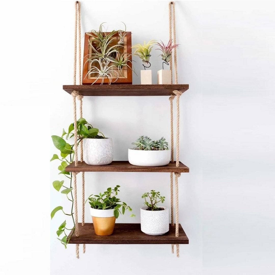 Rustic Ladder Shelf - Rope Hanging Ladder Shelf - Farmhouse